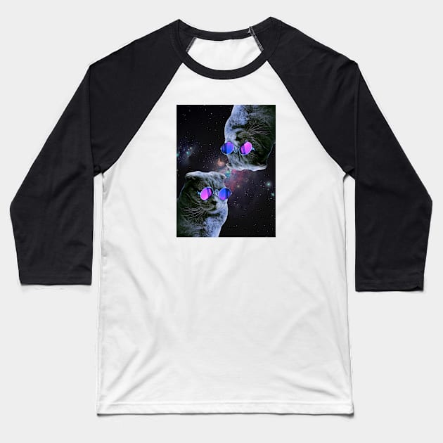 Cat with Sunglasses in Space Baseball T-Shirt by The Sherwood Forester